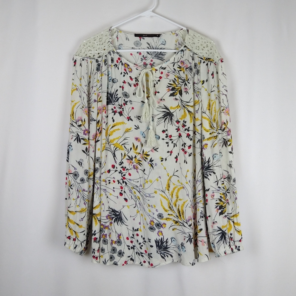 Hazel White Floral Lace Tassel Boho Top Blouse XL